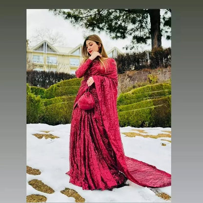 Snowdrop Maroon sequin net saree in standing pose with long flowing pallu by Anabiyawear