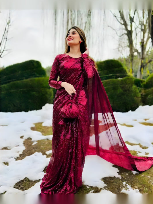 Snowdrop maroon sequin net saree with long pallu trail and matching potli, full front view