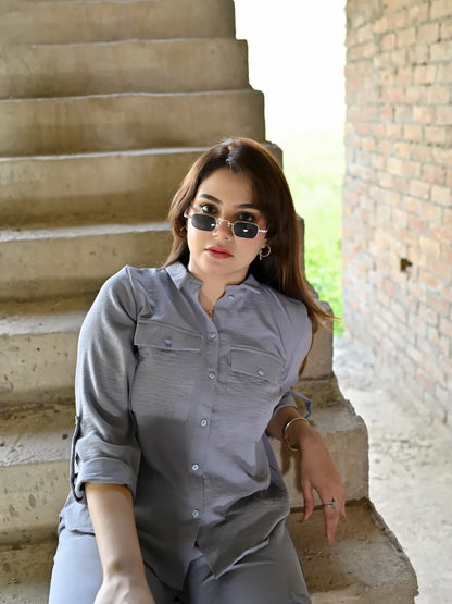 Close-up view of Soft Gray co-ord shirt with matching cargo trouser for women