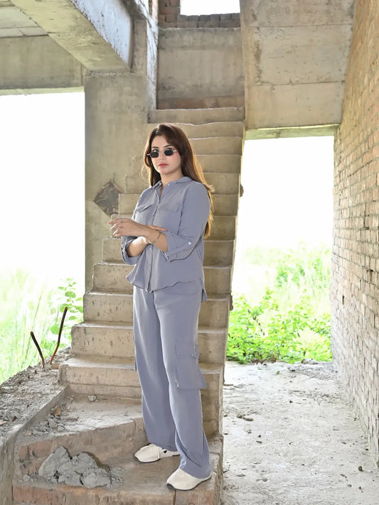 Soft Gray 2 Piece Co-ord Set with shirt and cargo trouser by Anabiyawear