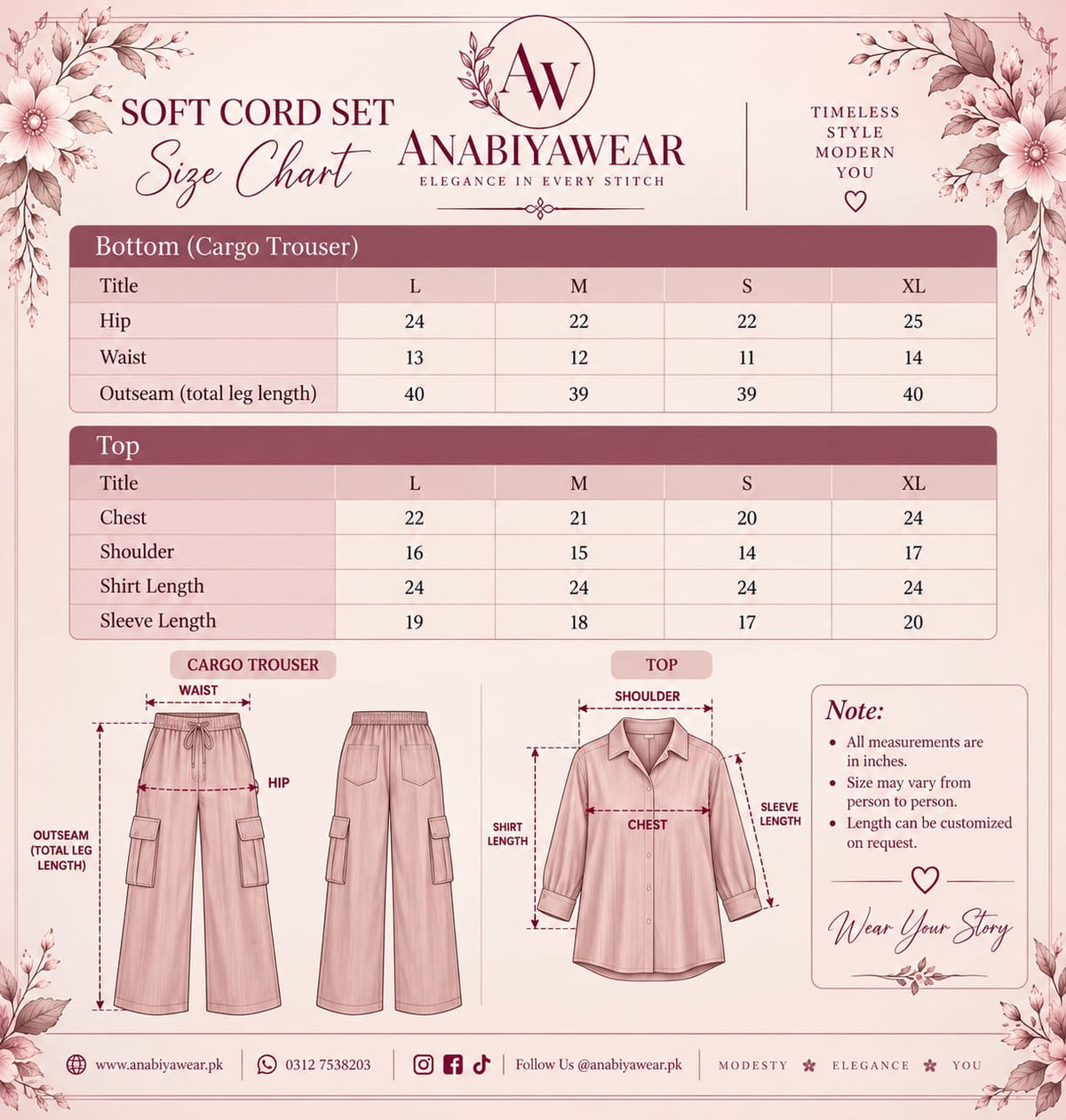 Soft Gray Co-ord Set size chart with shirt and cargo trouser measurements by Anabiyawear