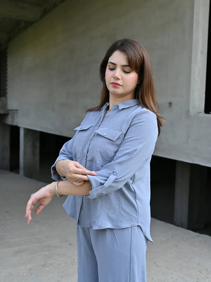 Woman wearing Soft Gray Co-ord Set with button shirt and matching cargo trouser