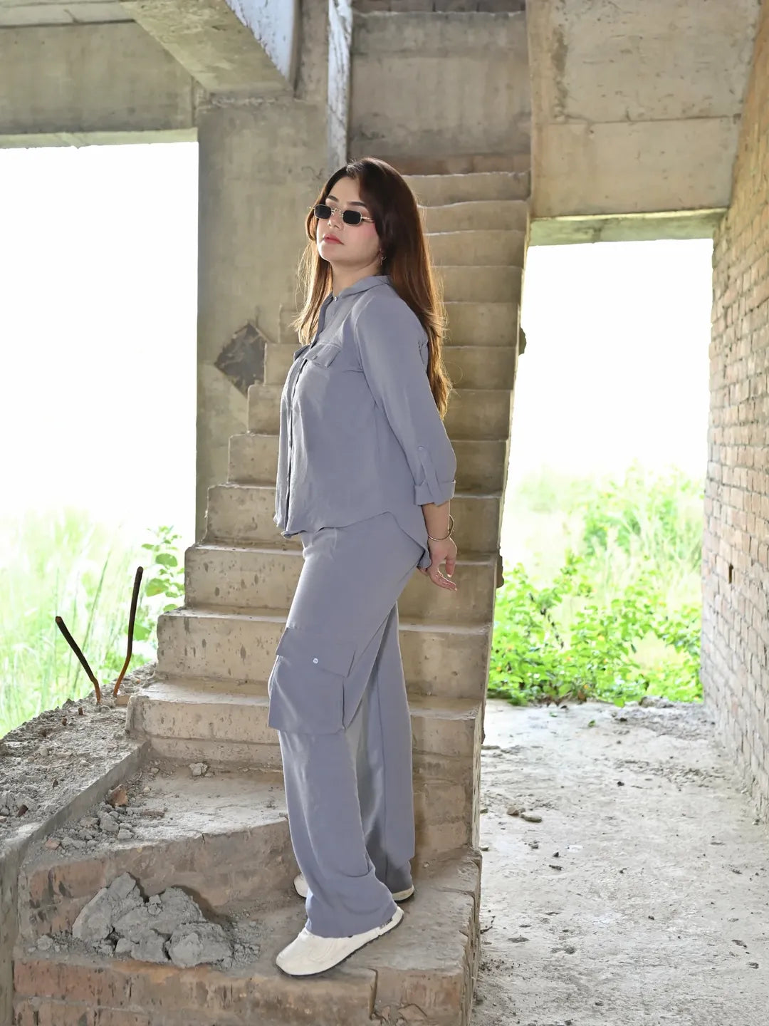 Side view of Soft Gray women’s co-ord set with relaxed shirt and cargo trouser