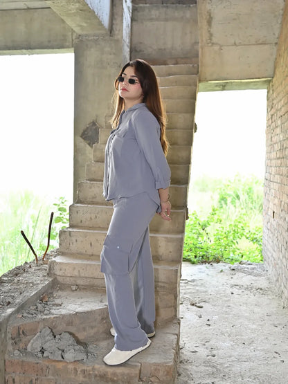 Side view of Soft Gray women’s co-ord set with relaxed shirt and cargo trouser