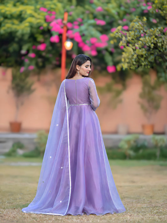 Back view of Umbrella Mirror Lavender frock with back zip and mirror lace dupatta