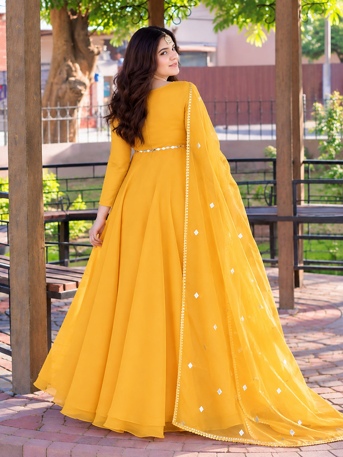 Back view of Umbrella Mirror Yellow umbrella frock with mirror lace dupatta