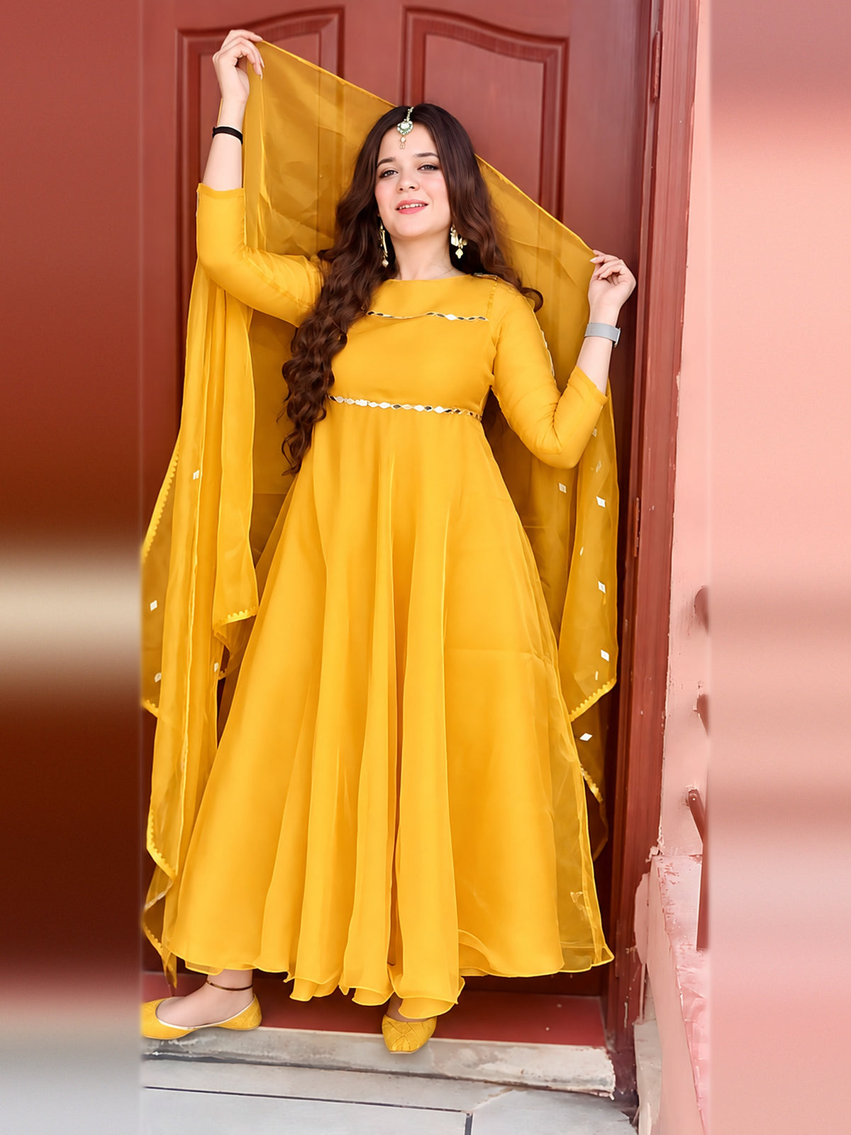 Umbrella Mirror Yellow 2 piece frock with organza dupatta over head