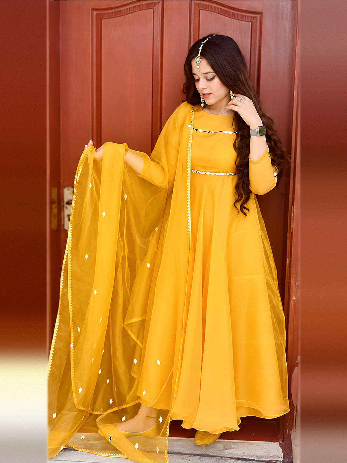 Umbrella Mirror Yellow frock with mirror lace organza dupatta held open