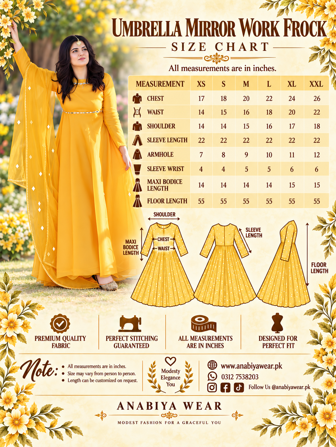 Umbrella Mirror Yellow frock size chart with XS to XXL measurements