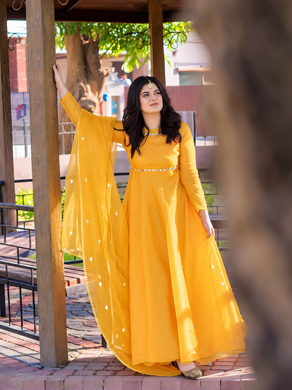 Umbrella Mirror Yellow organza umbrella frock front full length with mirror work dupatta - Anabiyawear