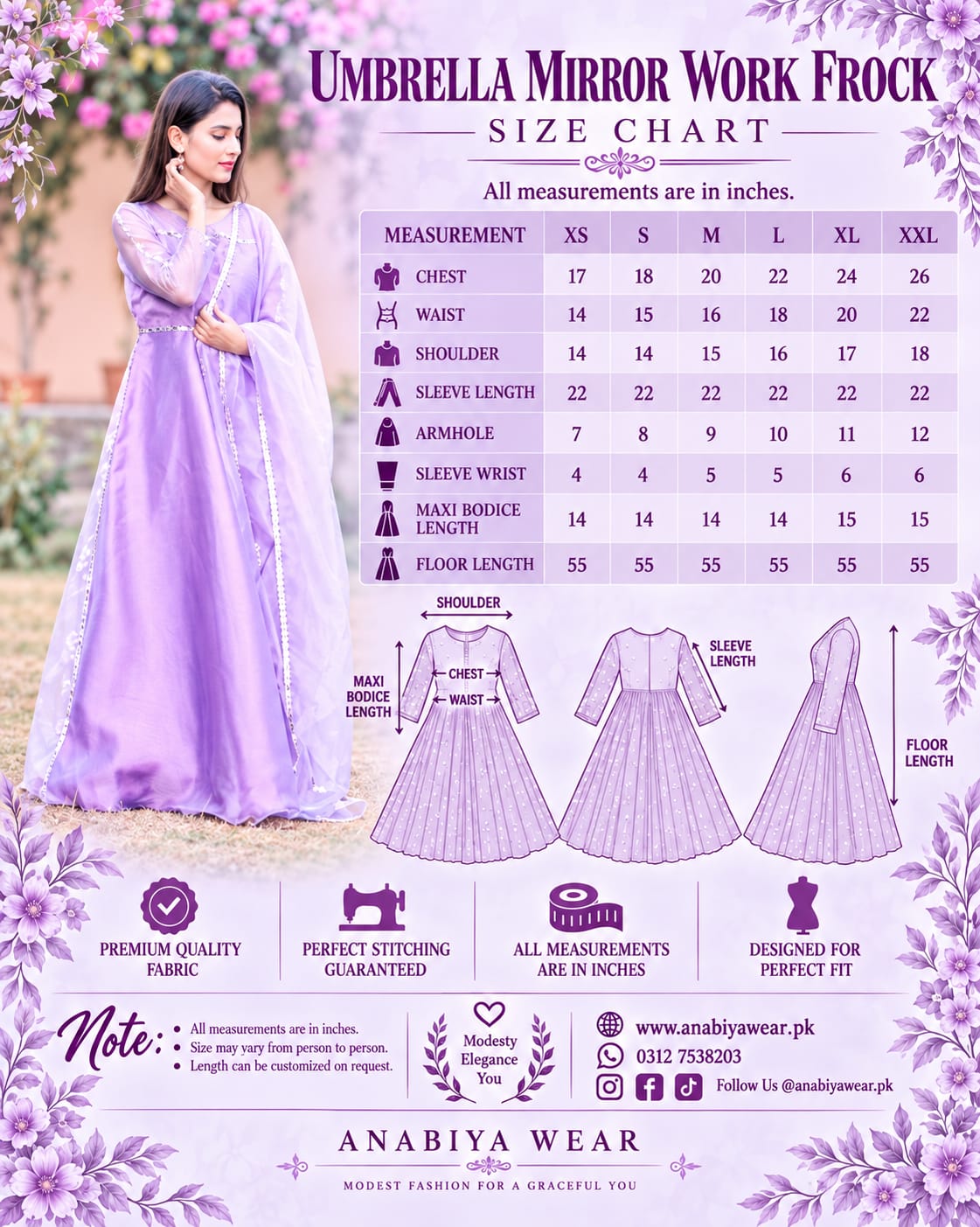 Umbrella Mirror frock size chart with XS to XXL measurements