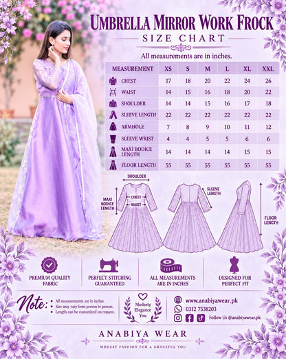 Umbrella Mirror frock size chart with XS to XXL measurements