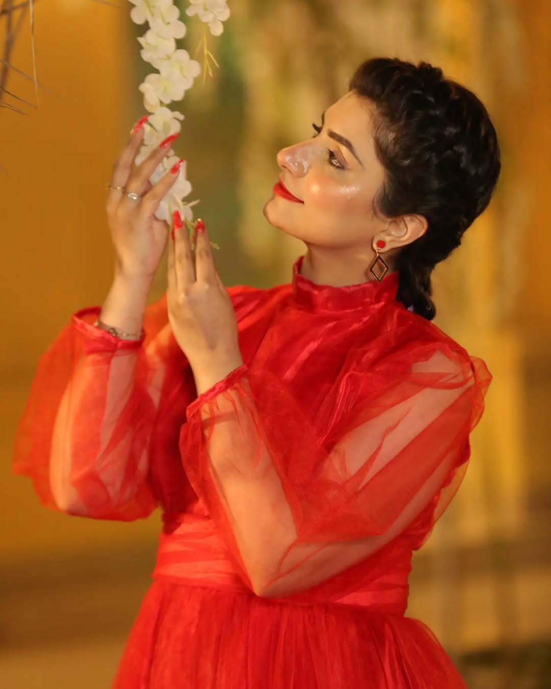Valentine red maxi featuring sheer long sleeves, gathered cuffs and a high-neck bodice