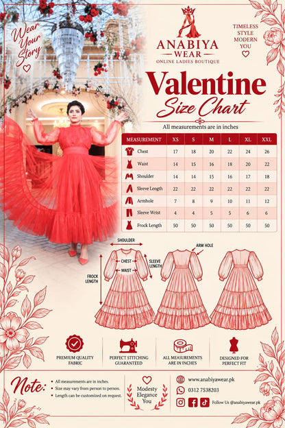 Valentine red maxi size chart with measurements from XS to XXL by Anabiyawear