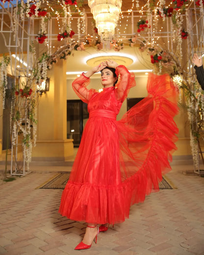 Valentine red Bareeza net flared maxi with pearl detailing by Anabiyawear