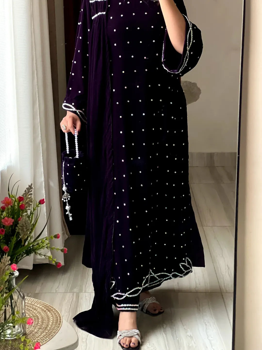 Velvet Gazal Plum 12000 velvet suit showcasing crystal stone accents and detailed finishing along the lower shirt