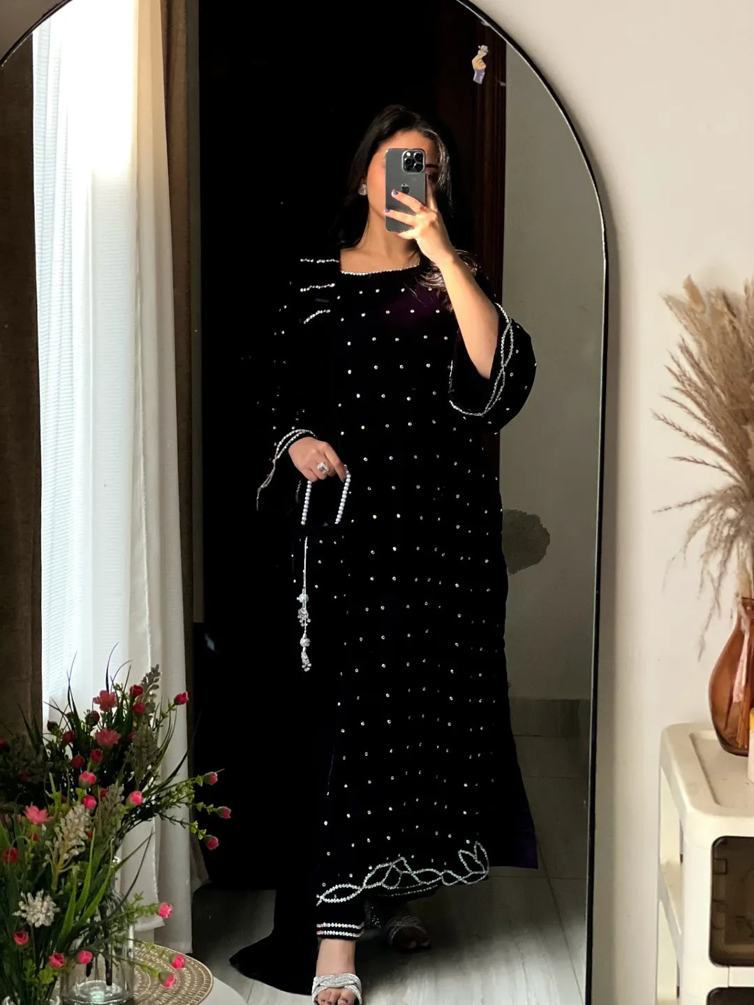 Full-length Velvet Gazal Plum 12000 velvet outfit showing crystal accents, long shirt silhouette and decorative daman finish