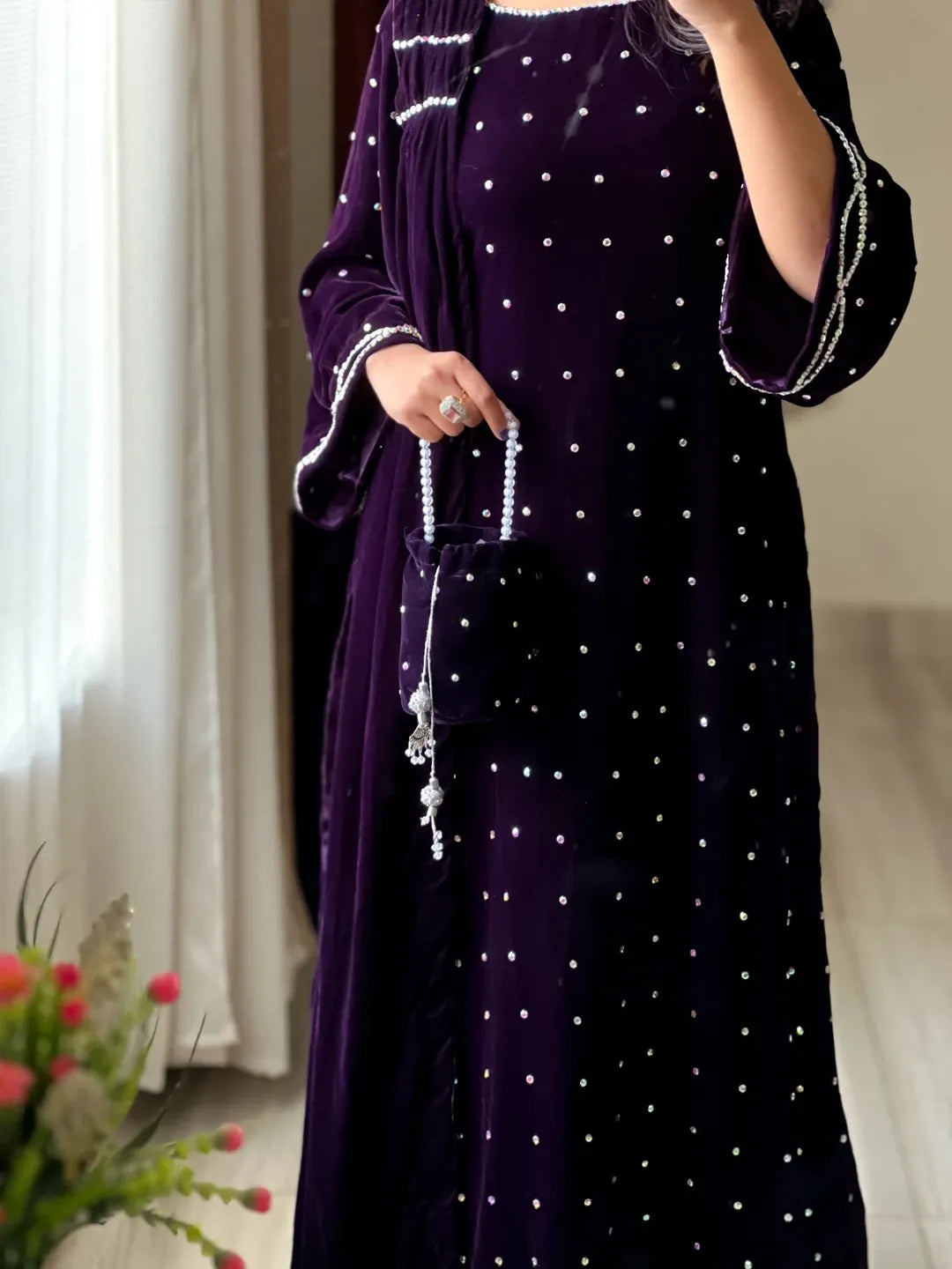 Plum 12000 velvet long shirt from Velvet Gazal featuring crystal accents and detailed sleeve finishing