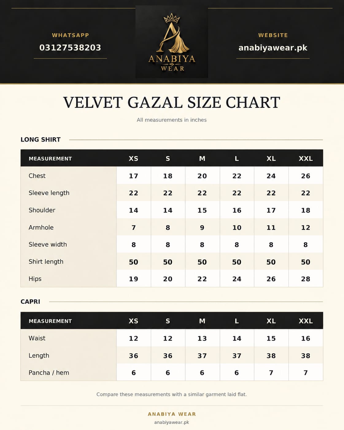 Velvet Gazal Plum sizing reference with long shirt and capri measurements from XS to XXL