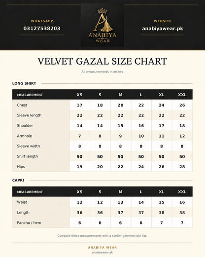Velvet Gazal Plum sizing reference with long shirt and capri measurements from XS to XXL