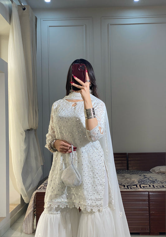 White Gulab chiffon gharara outfit showing embroidered shirt detailing with white dupatta by Anabiyawear