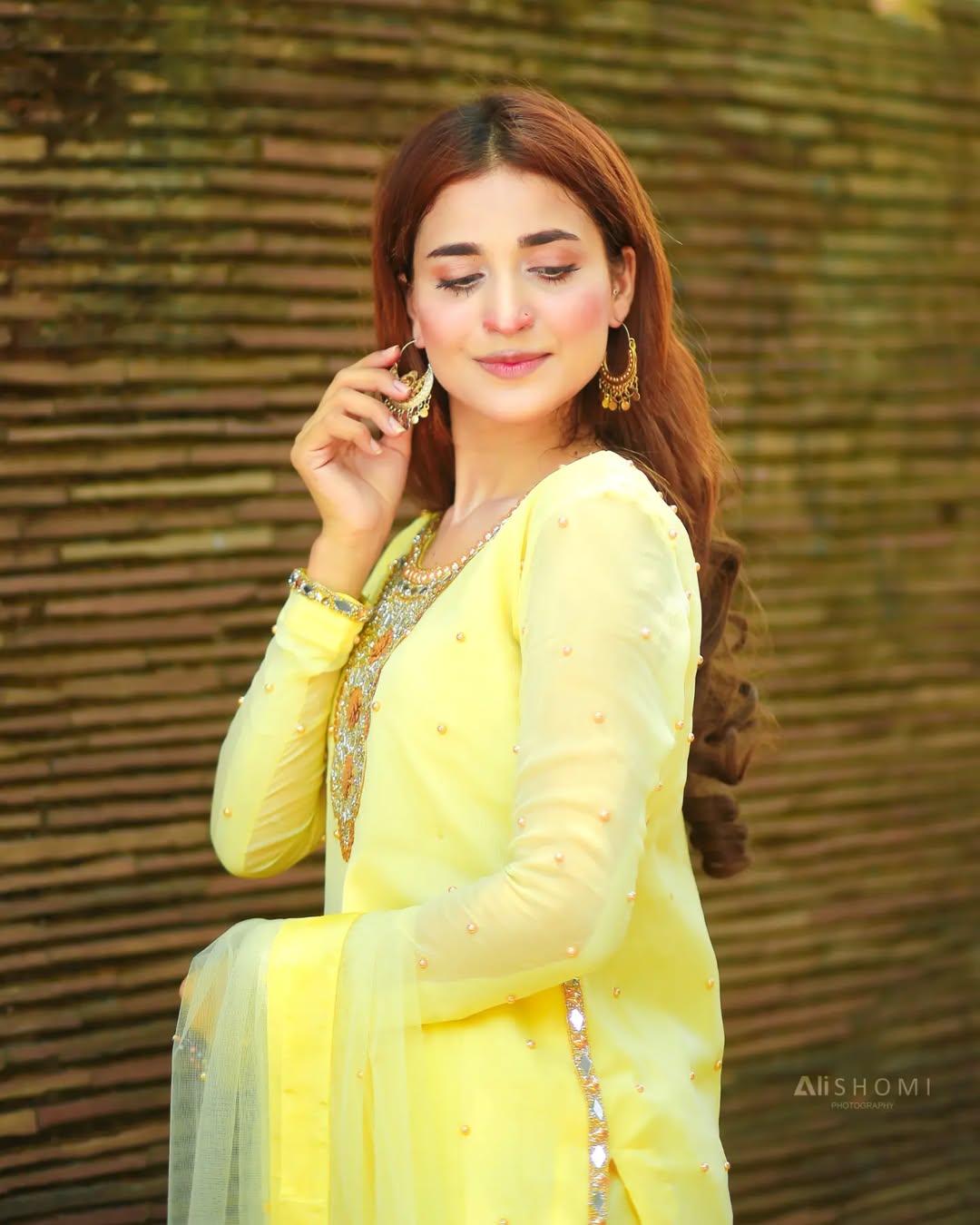 Zari Lemon chiffon sharara set close-up showing mirror work neckline and sleeve detailing by Anabiyawear