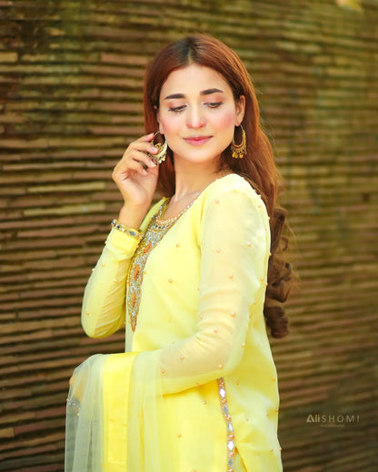 Zari Lemon chiffon sharara set close-up showing mirror work neckline and sleeve detailing by Anabiyawear