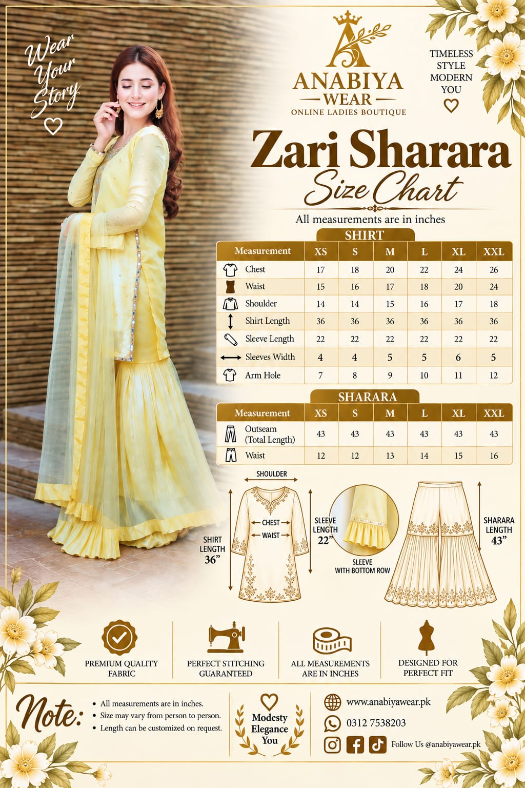Zari Lemon chiffon sharara set size chart with XS to XXL measurements by Anabiyawear