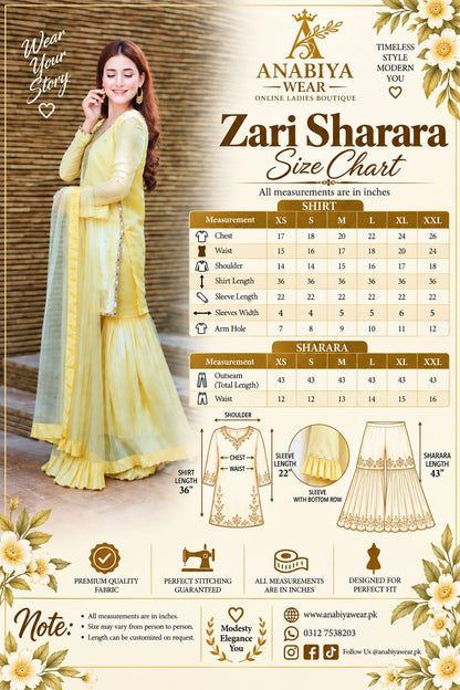 Zari Lemon chiffon sharara set size chart with XS to XXL measurements by Anabiyawear